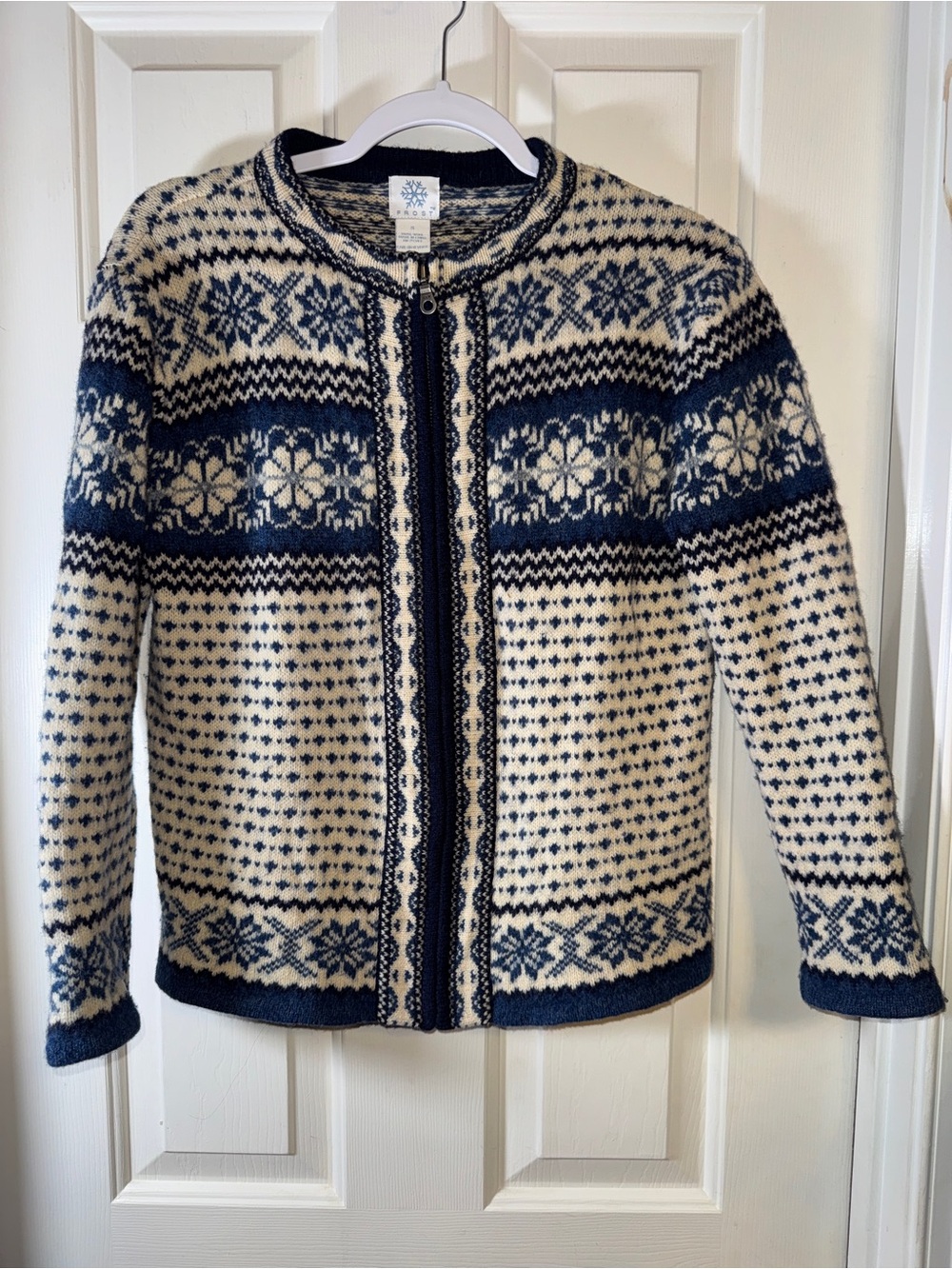 Vintage Frost Cardigan Small Blue Ivory Wool Nordic Scandinavian Fair Isle